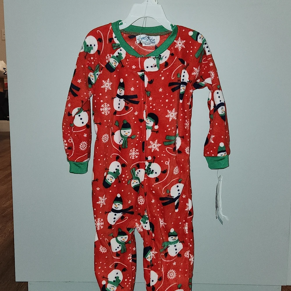 Red & White Snowman Fleece Bodysuit Pajamas